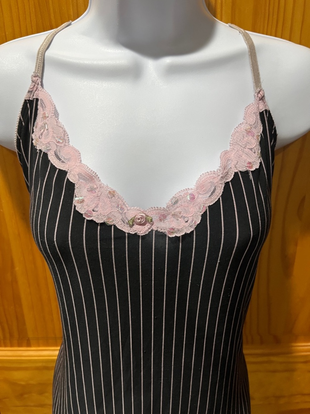 California Dynasty Black Pinstripe Sleepwear with Pink Lace Trim - Picture 2 of 9